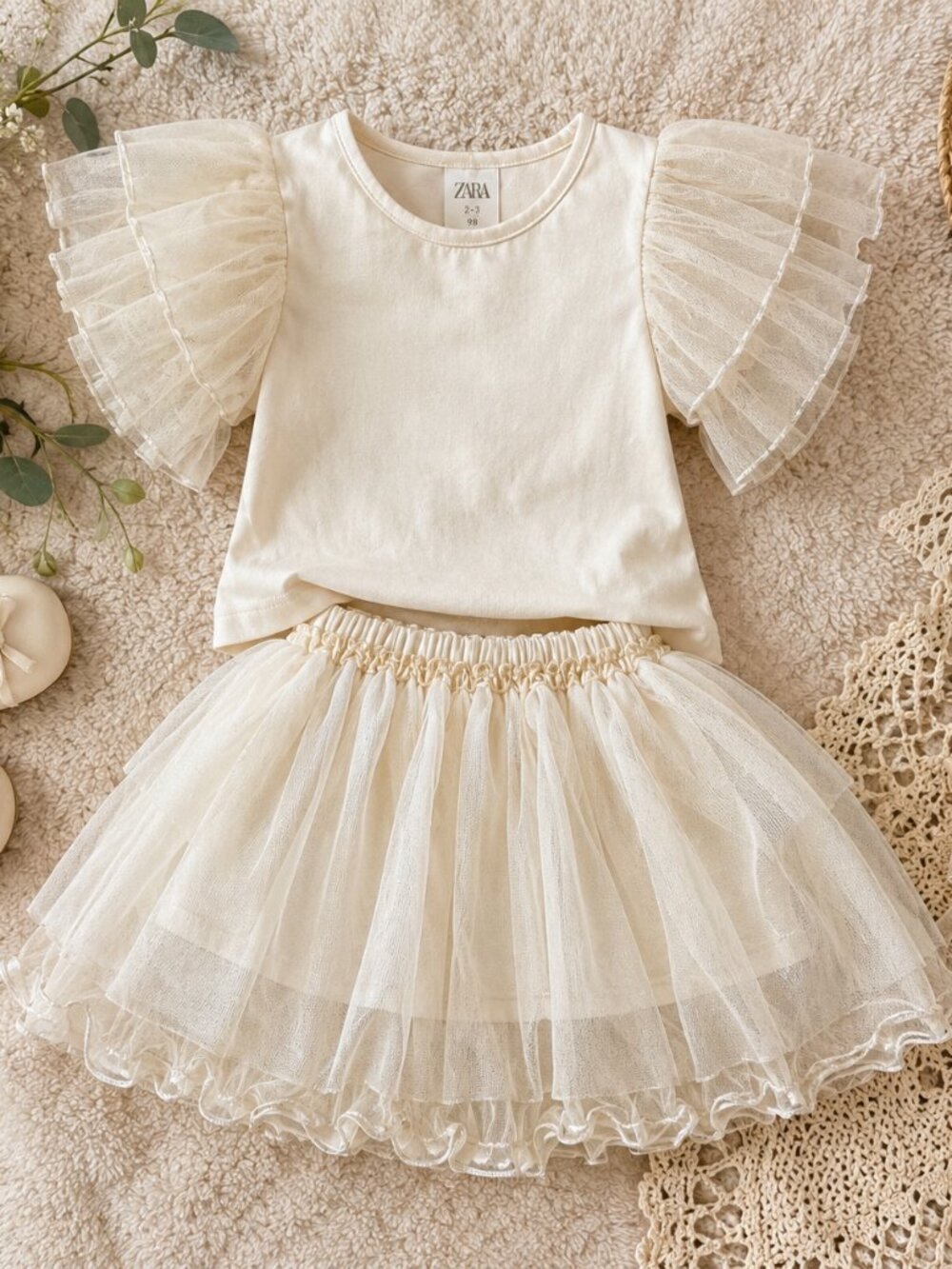 Zara Girls Tulle Tutu Set Cream Ruffle Outfit Birthday Baptism 2-3Y